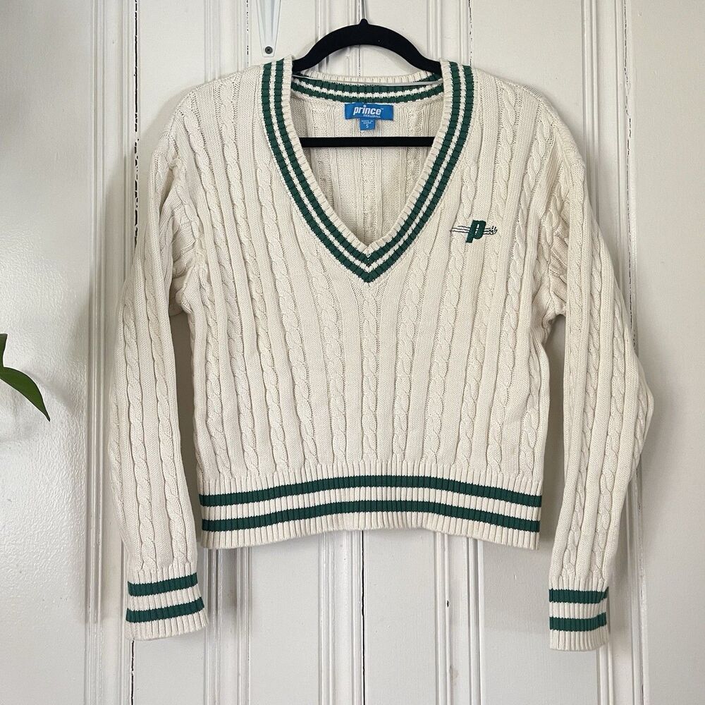 Prince Pickleball Women Cream Green Cable Knit V-Neck Tennis Crop Sweater Size S